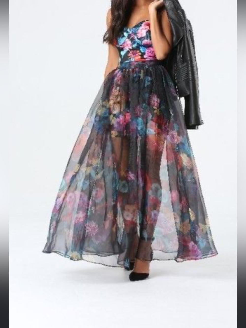 Bebe Floral two in 1 dress- strapless mini dress with organza overlay skirt